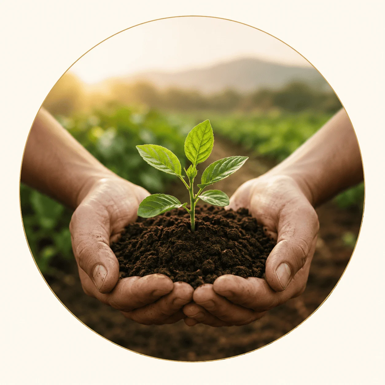 Hands holding a young plant representing Soil To Bowl's farm-to-family approach