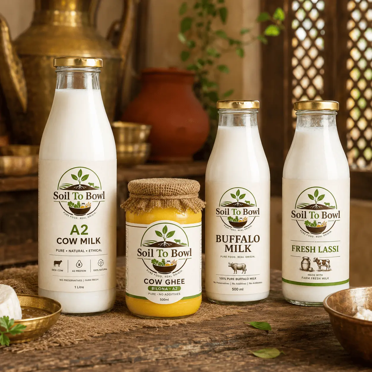 Fresh dairy products including milk, ghee and lassi from Soil To Bowl