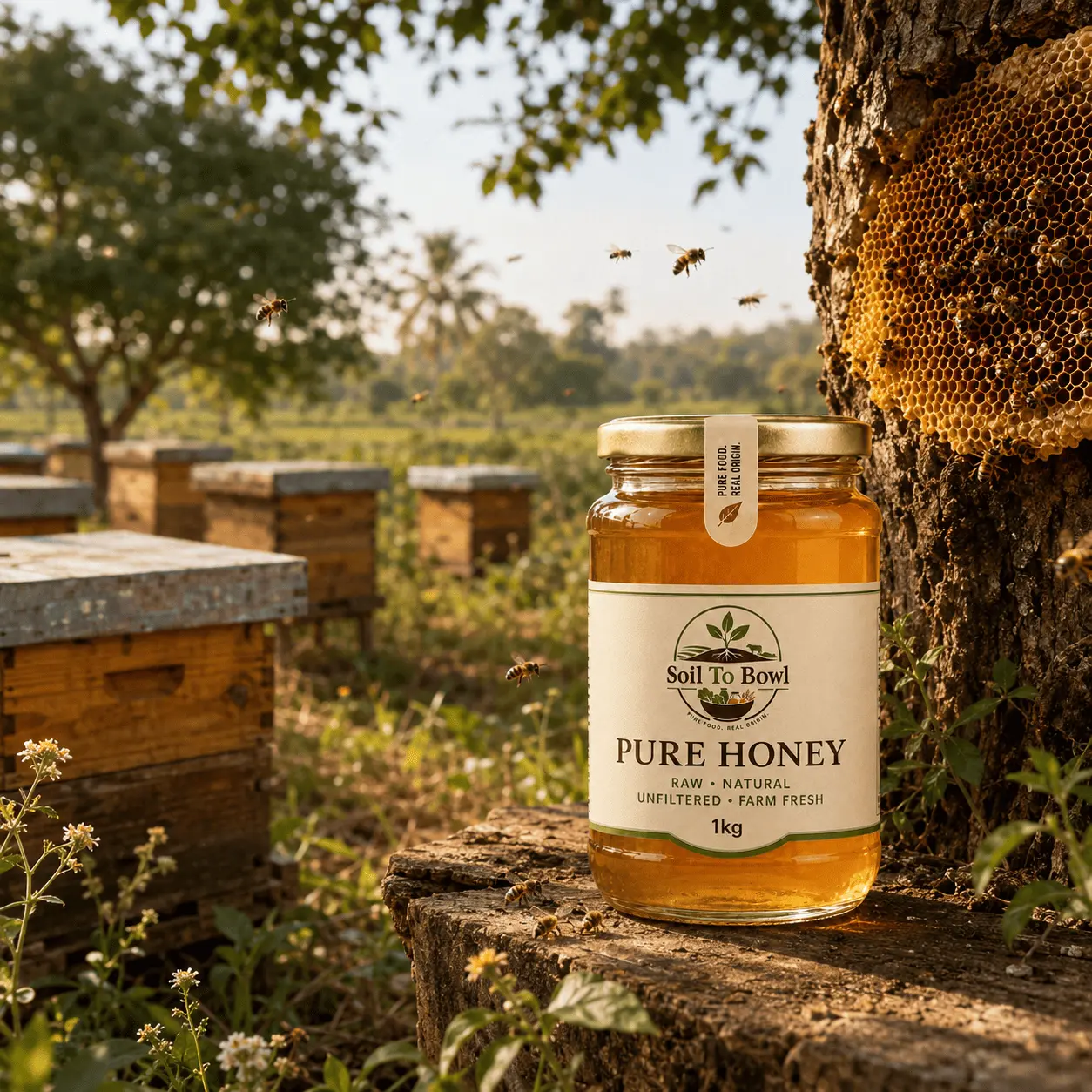 Pure raw honey from Soil To Bowl in 500 g and 1 kg jars