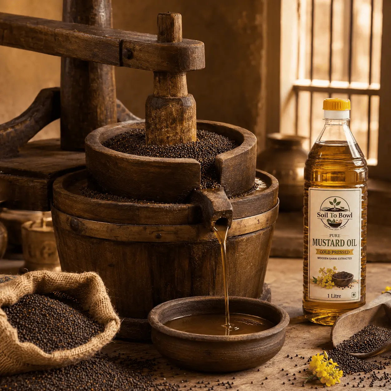Soil To Bowl pure cold pressed mustard oil extracted in a traditional wooden ghani