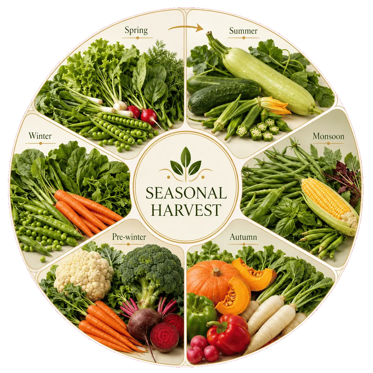Seasonal harvest wheel showing farm-fresh vegetables from Soil To Bowl